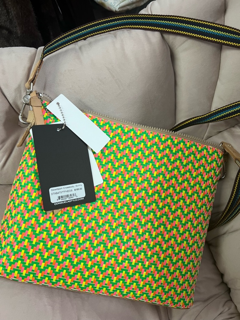 Consuela Neon Multi Woven Crossbody Bag with Striped Strap